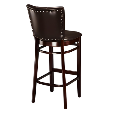 Fudge Brown Court Drake Wood Bar Stool with a rectangular upholstered backrest, padded seat, and a dark wood frame with a footrest