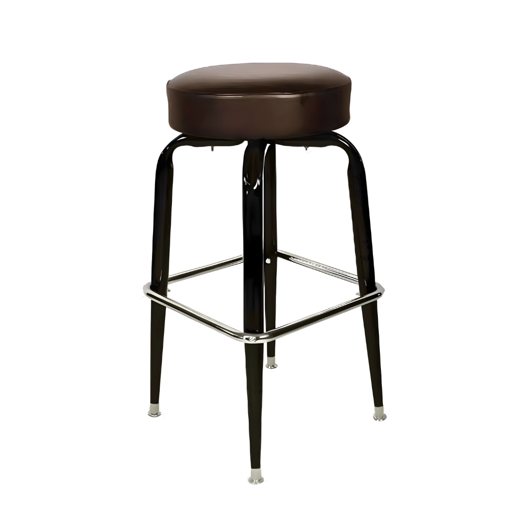 Fudge Brown Crossover Bar Stool by Social Design Supply Co: A modern sculptural steel bar stool with a padded round seat and refined architectural frame for upscale hospitality bars