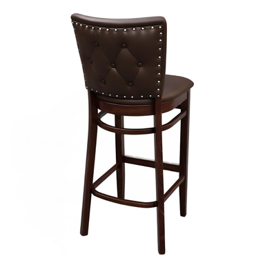 Fudge Brown Dame Quincy Bar Stool with a tufted upholstered backrest, padded seat, and dark wood frame with a built-in footrest