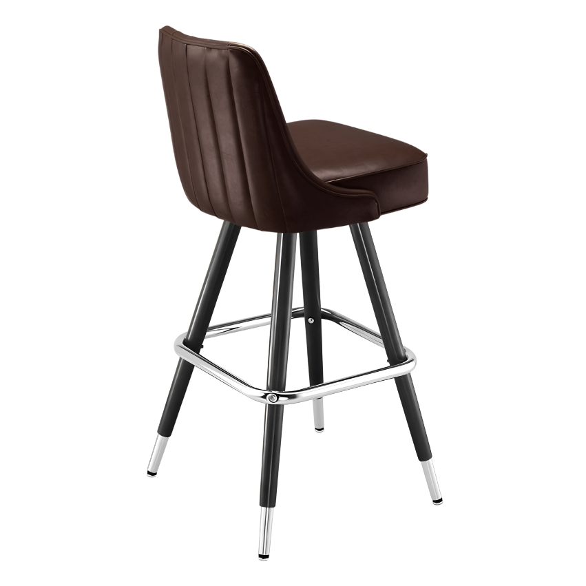 Fudge Brown Delano channel bar stool featuring vertical channel stitching and a clean-lined upholstered seat with a sturdy black metal frame