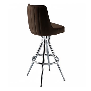 Fudge Brown Harper Bar Stool with a sleek upholstered backrest and seat, featuring a polished chrome four-leg frame and built-in footrest