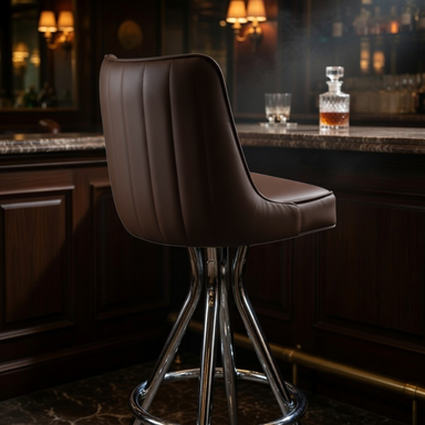 Fudge Brown Harper Bar Stool with a sleek upholstered backrest and seat, featuring a polished chrome four-leg frame and built-in footrest restaurant