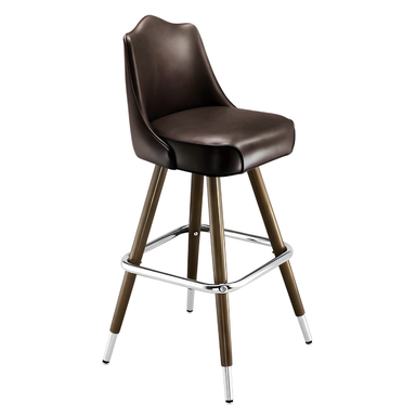 Fudge Brown Kensington Crown bar stool featuring a softly arched backrest and a cushioned upholstered seat with a steady wood metal frame
