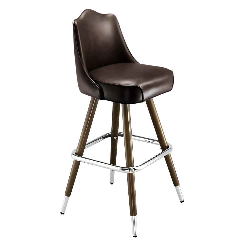 Fudge Brown Kensington Crown bar stool featuring a softly arched backrest and a cushioned upholstered seat with a steady wood metal frame