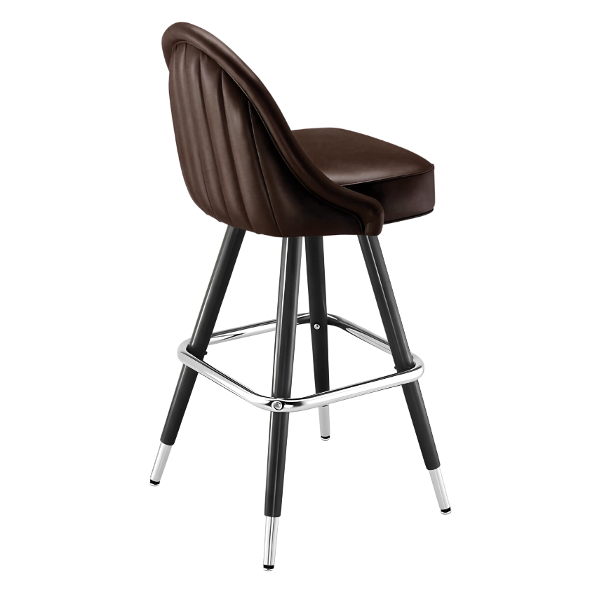 Fudge Brown Marque Signature bar stool featuring a sweeping curved backrest and a refined upholstered seat with a sturdy black metal frame
