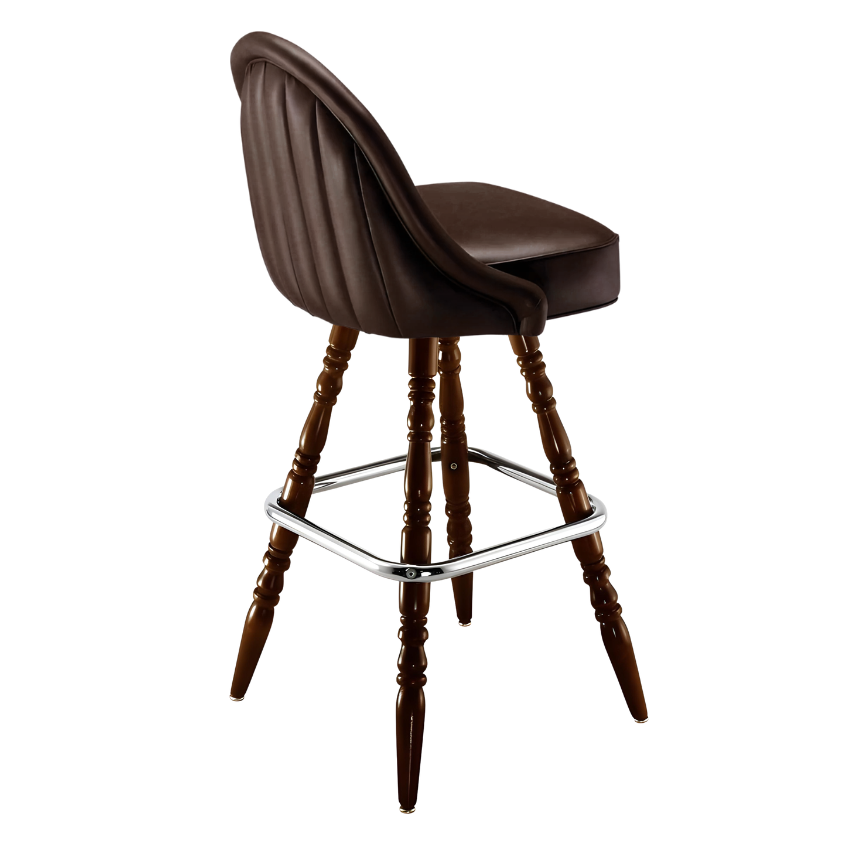 Fudge Brown Marque Signature bar stool featuring a sweeping curved backrest and a refined upholstered seat with a sturdy wood frame
