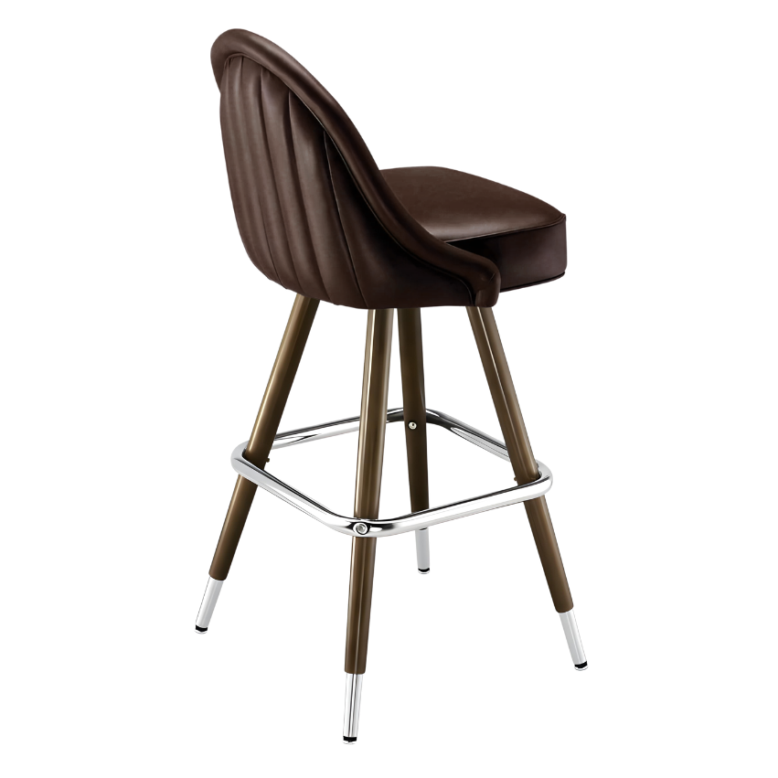 Fudge Brown Marque Signature bar stool featuring a sweeping curved backrest and a refined upholstered seat with a sturdy wood metal frame