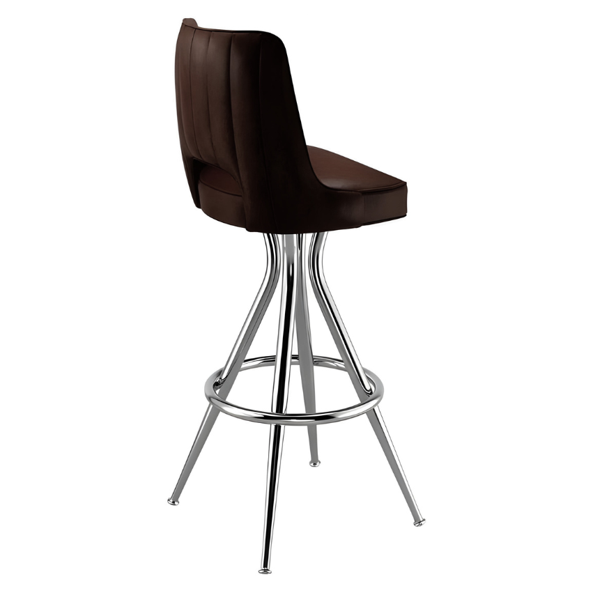 Fudge Brown Modern Rowan bar stool featuring a softly cushioned swivel seat and a grounded metal frame with clean architectural lines for hospitality use