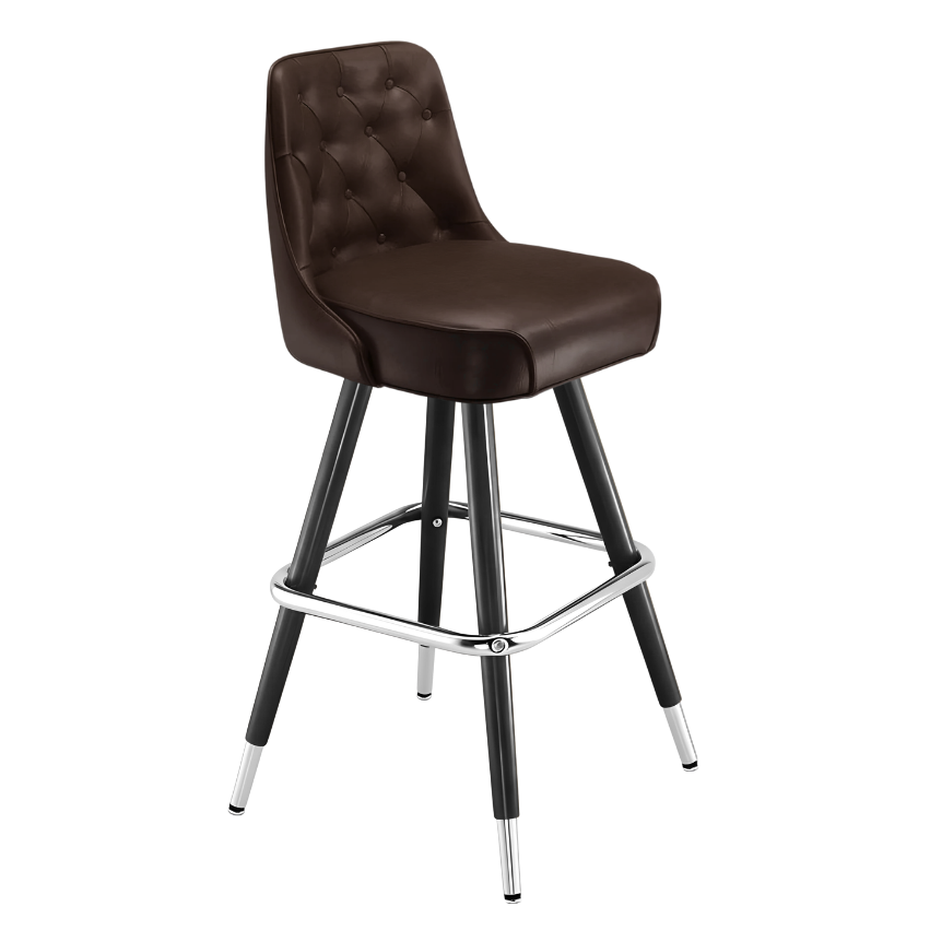 Fudge Brown Monroe Tufted bar stool featuring classic button tufting and a 90-degree auto-return black metal swivel base with performance upholstery
