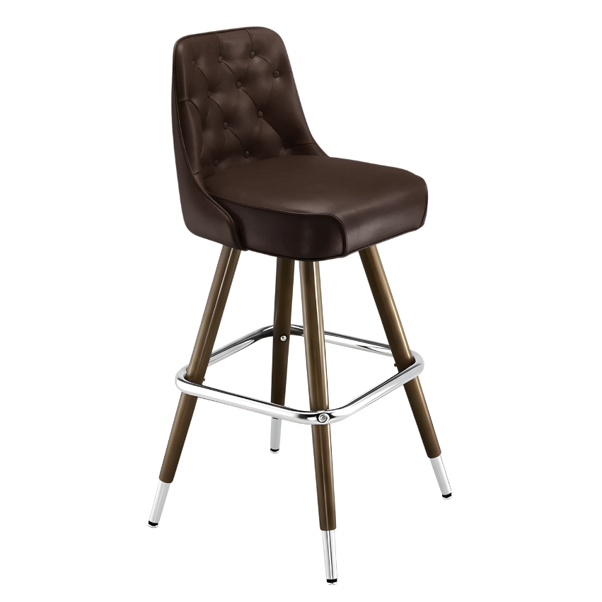 Fudge Brown Monroe Tufted bar stool featuring classic button tufting and a 90-degree auto-return wood metal swivel base with performance upholstery