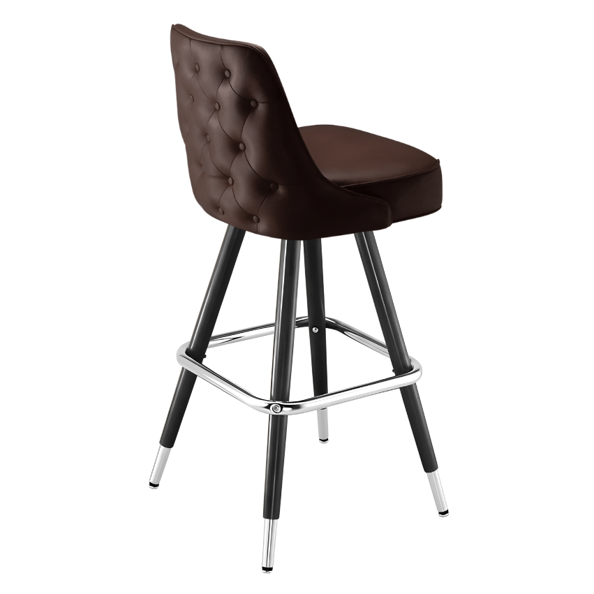 Fudge Brown Montgomery outer tufted bar stool featuring deep button tufting on the backrest and a plush upholstered seat with a sturdy black metal frame