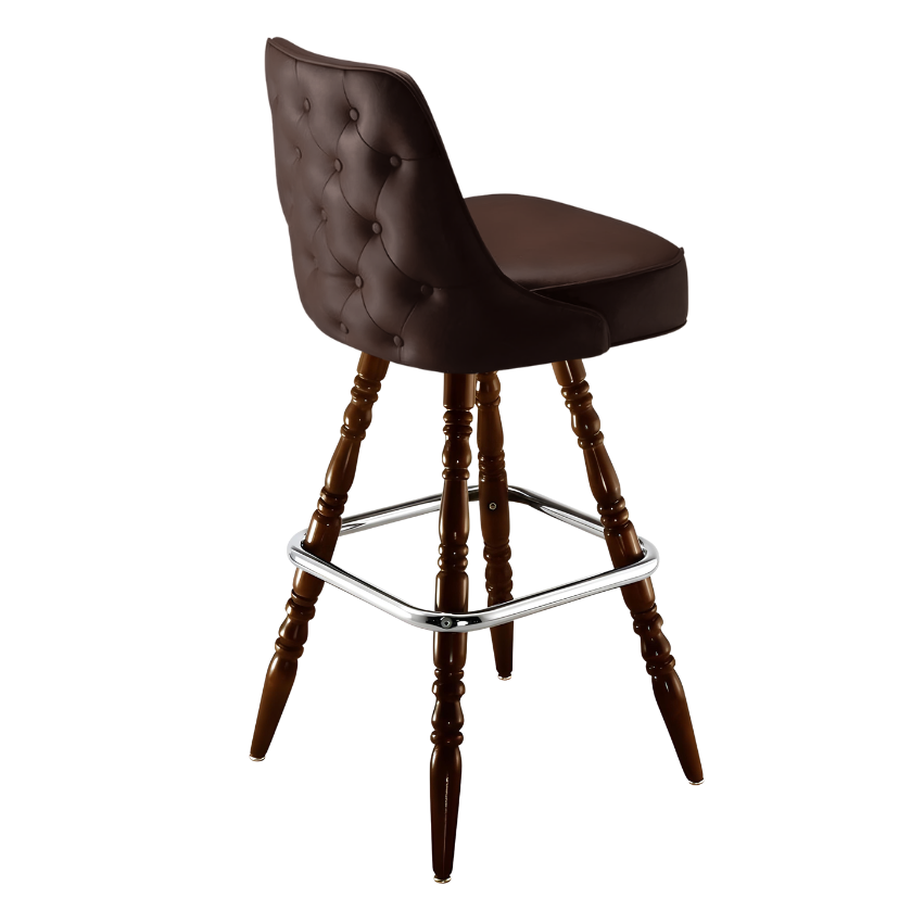 Fudge Brown Montgomery outer tufted bar stool featuring deep button tufting on the backrest and a plush upholstered seat with a sturdy wood frame