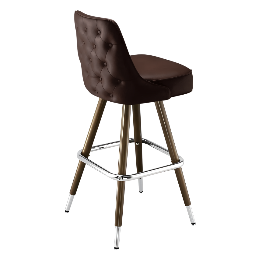 Fudge Brown Montgomery outer tufted bar stool featuring deep button tufting on the backrest and a plush upholstered seat with a sturdy wood metal frame