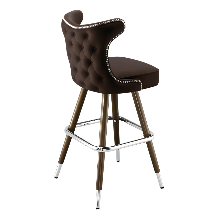 Fudge Brown Prescott Cowboy bar stool featuring classic button tufting and a 90-degree auto-return wood metal swivel base with performance upholstery