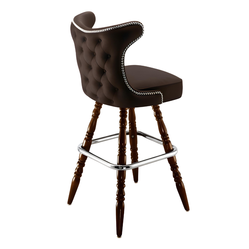 Fudge Brown Prescott Cowboy bar stool featuring classic button tufting and a 90-degree auto-return wood swivel base with performance upholstery