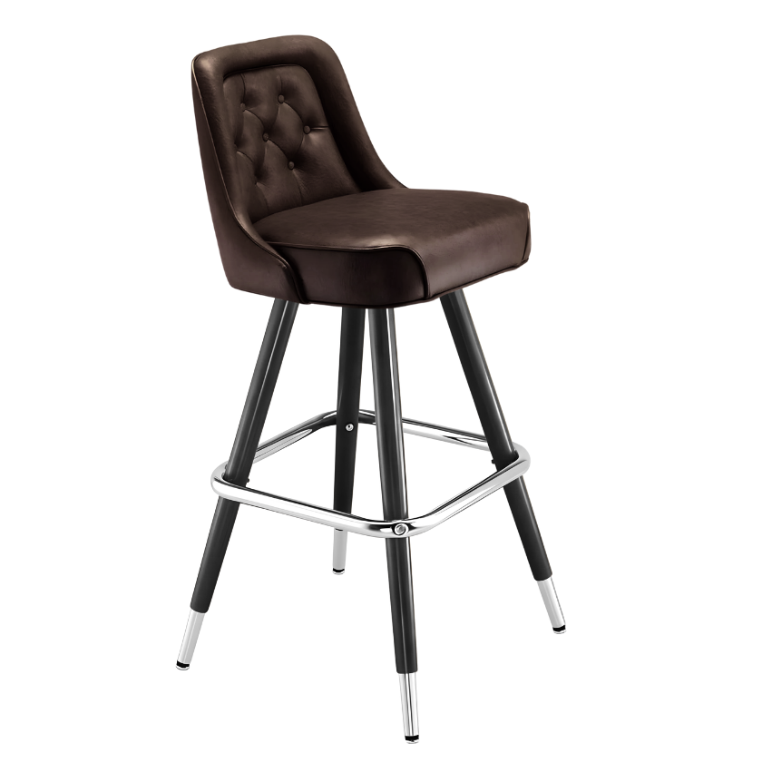 Fudge Brown Royale Diamond bar stool featuring an inner-back diamond tufted design and a softly curved upholstered seat with a sturdy black metal frame