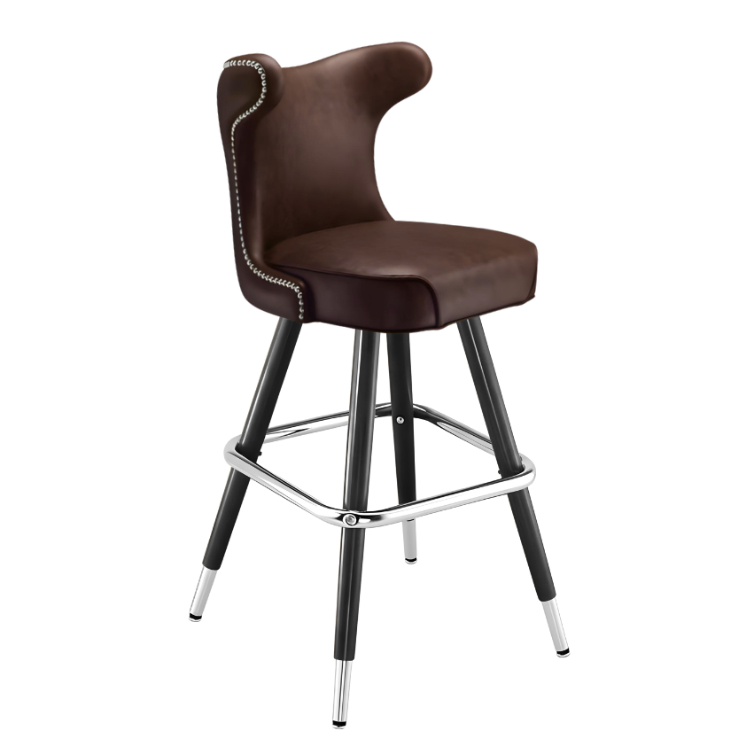 Fudge Brown Silverado cowboy bar stool featuring a softly cushioned upholstered seat and a polished black metal frame with Western-inspired lines
