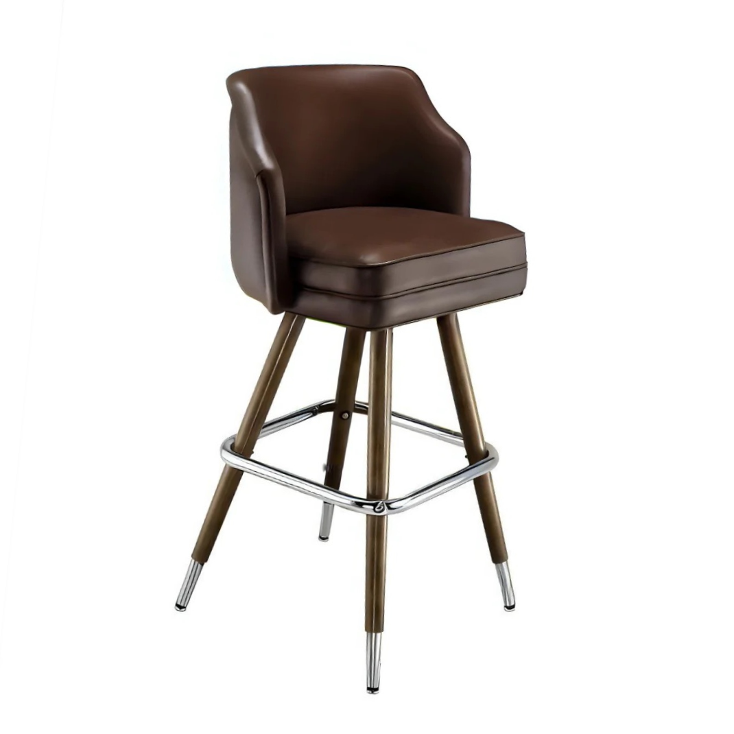 Fudge Brown Tufted square modern bar stool featuring performance upholstery seat with brown metal and silver metal legs