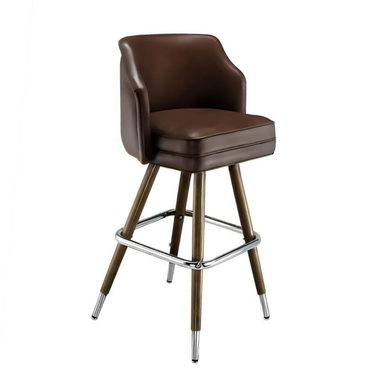 Brown leather-look bar stool with curved back, padded seat, and chrome footrest frame