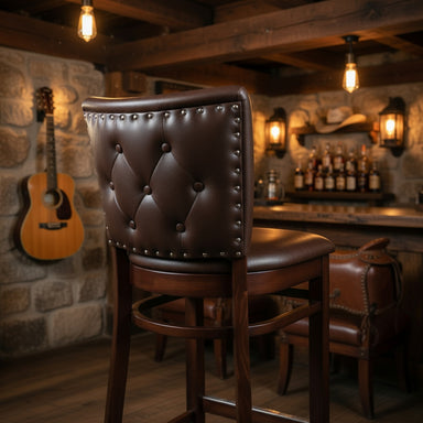 Fudge Brown Western Dame Quincy Bar Stool with a tufted upholstered backrest, padded seat, and dark wood frame with a built-in footrest in restaurant