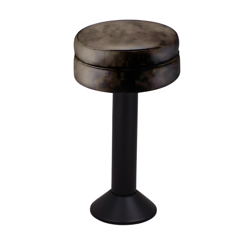 Fudge Brown Winslow bolted bar stool featuring a sleek compact seat and a permanent floor-mounted black base for commercial stability