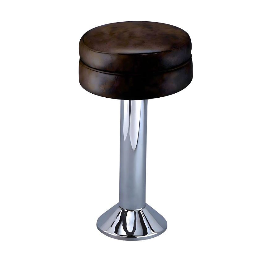 Fudge Brown Winslow bolted bar stool featuring a sleek compact seat and a permanent floor-mounted chrome base for commercial stability