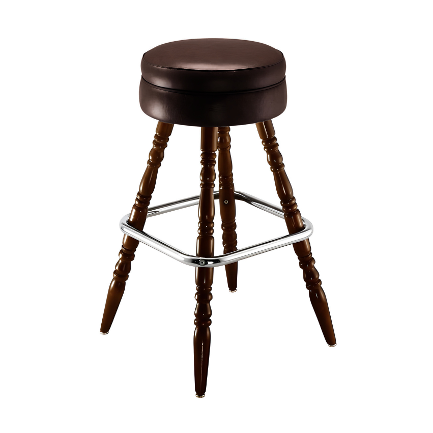 Brown upholstered bar stool with round seat, chrome footrest, turned wooden legs