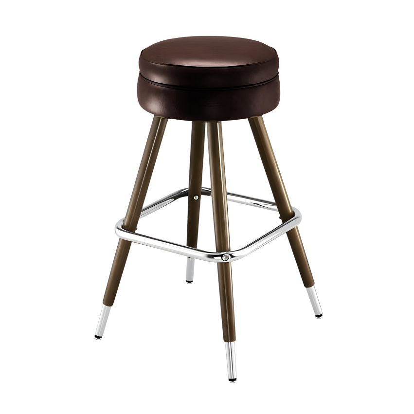 Brown upholstered bar stool with round padded seat, chrome footrest, brass legs