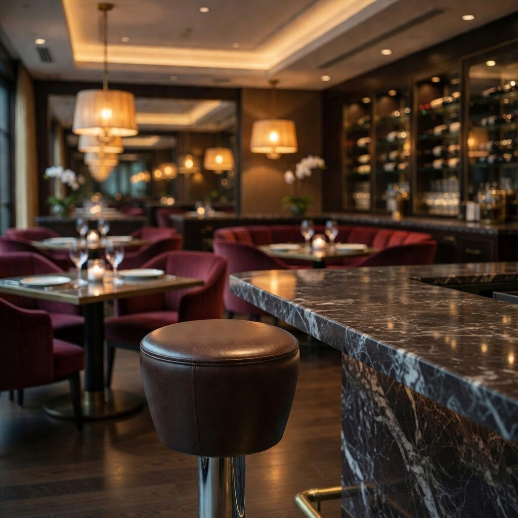 Fudge brown Regent bolted bar stool featuring a gentle upholstered seat in restaurant