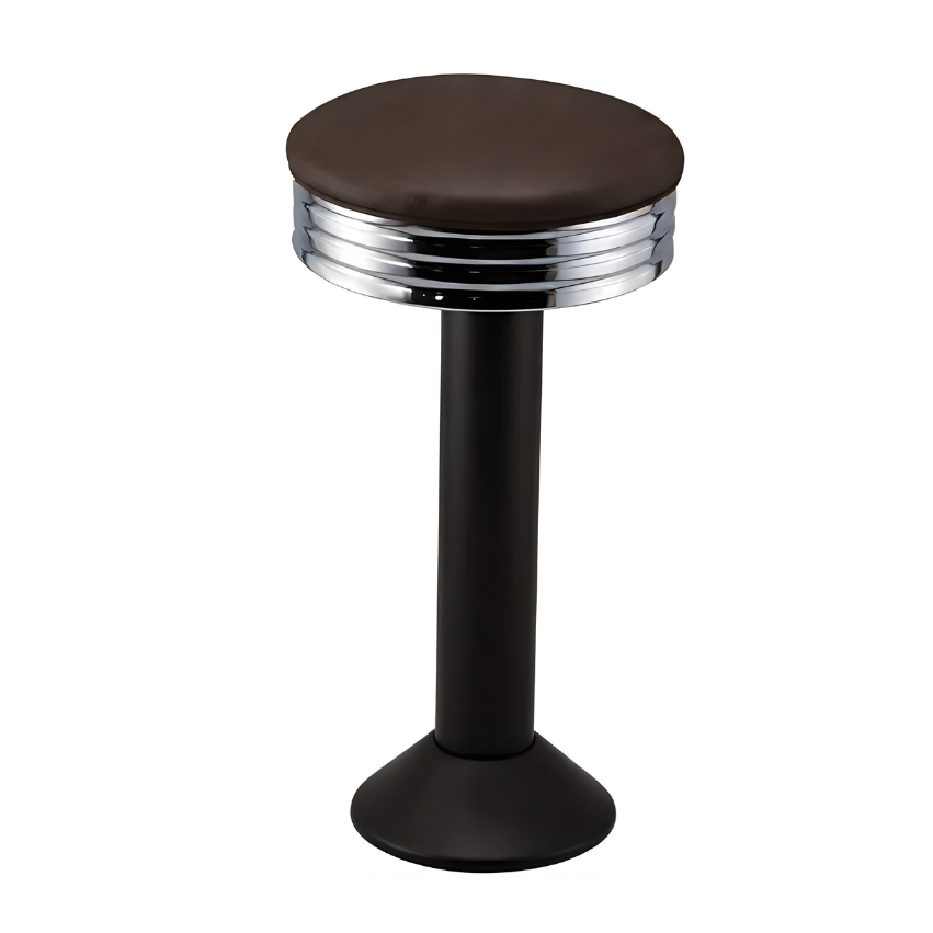 Fudge brown black Wentworth bolted bar stool featuring a minimal modern seat and a permanent floor-mounted metal base for enduring stability