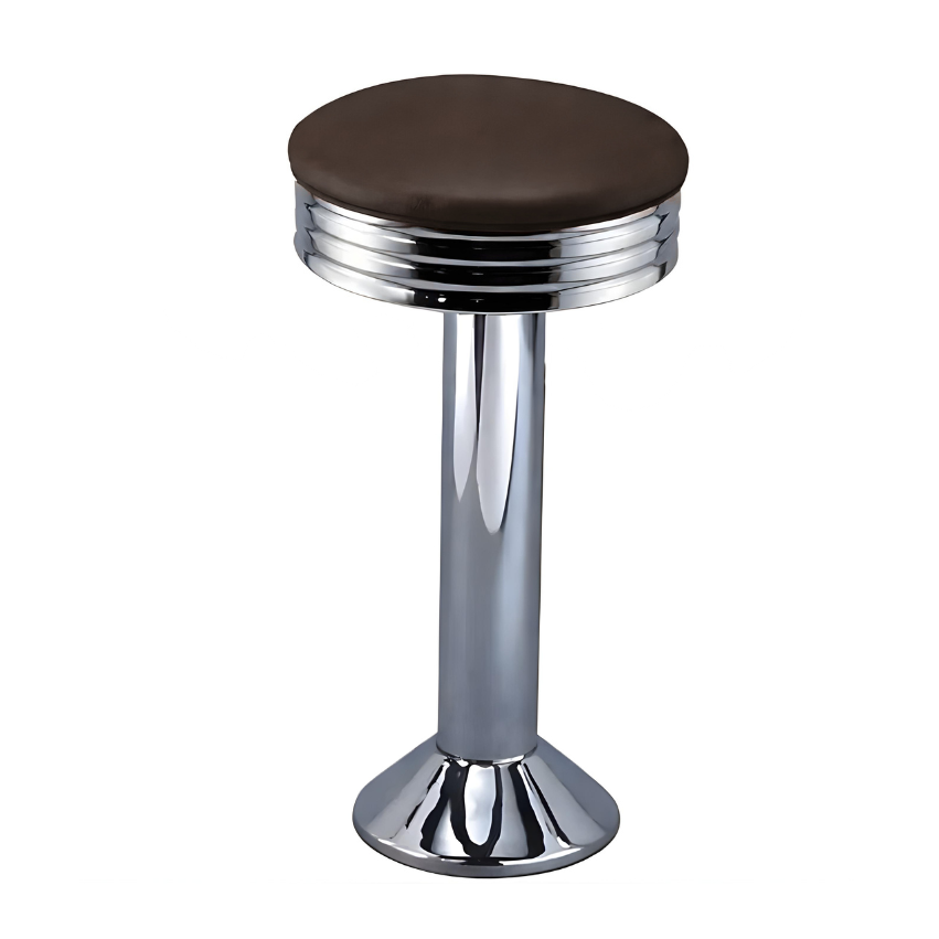Fudge brown chrome Wentworth bolted bar stool featuring a minimal modern seat and a permanent floor-mounted metal base for enduring stability