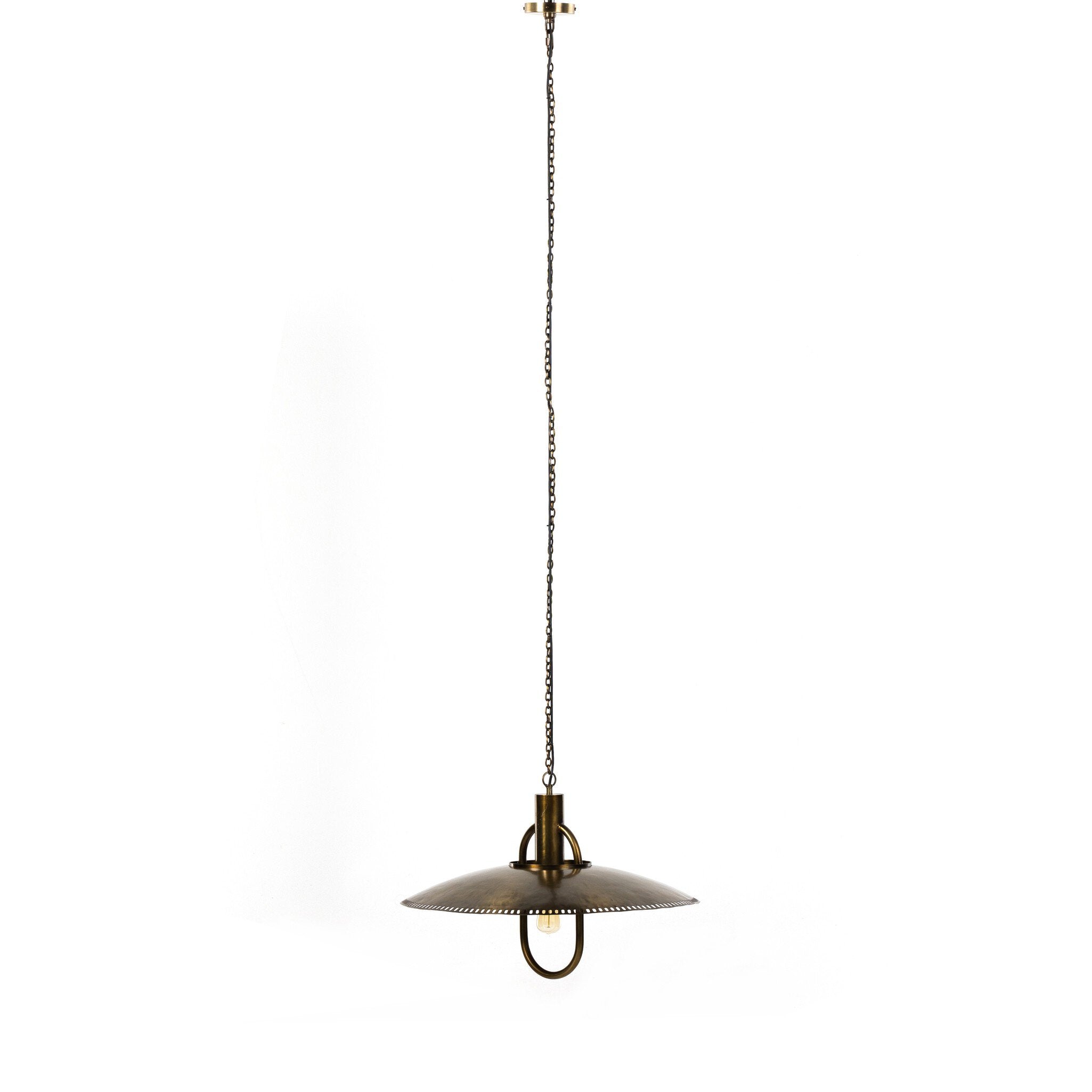Full Length Arely 30-inch industrial pendant light in dark antique brass with perforated dome 