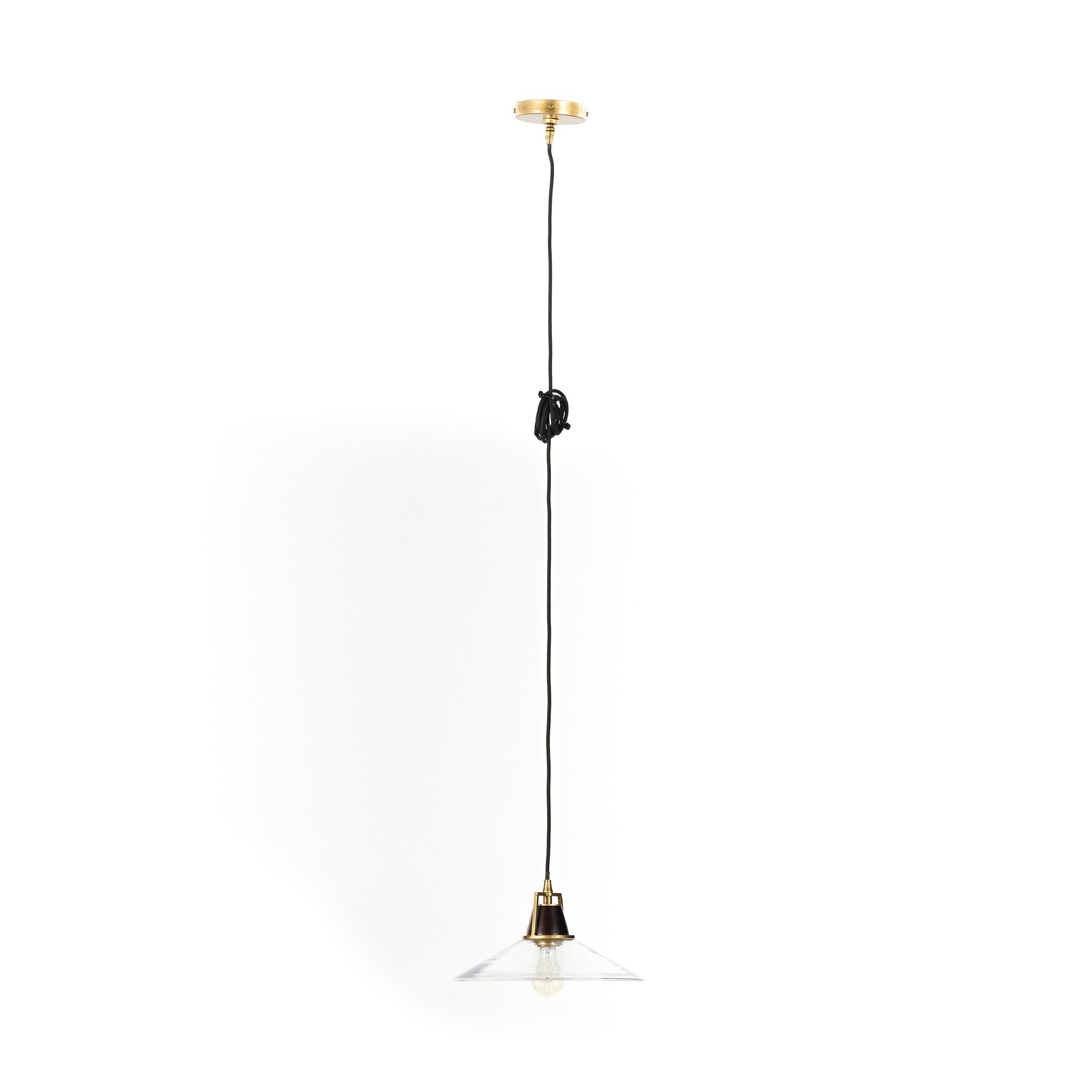 Full length cable Novak 10-inch hand-hammered antique brass pendant light with clear glass detail 