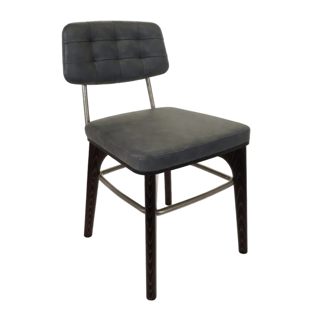 Dark gray upholstered side chair with tufted back and dark wood base