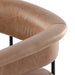 Close-up of tan padded stool armrests and seat edges with black metal legs
