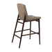 Bar stool with taupe upholstered seat and back, dark wood frame with cross brace