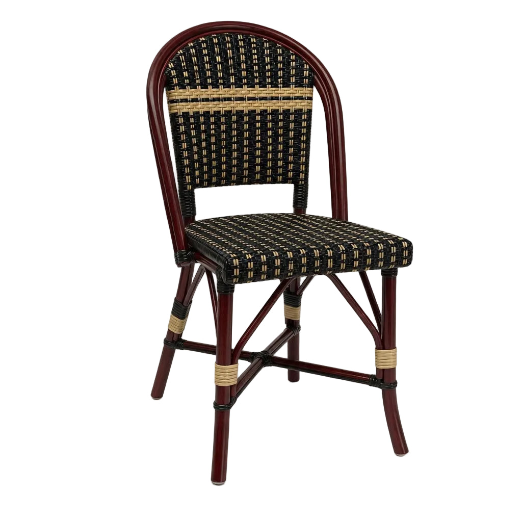 Side chair with dark woven back and seat, red-brown wood frame, cream stripe.