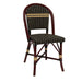Side chair with dark woven back and seat, red-brown wood frame, cream stripe.
