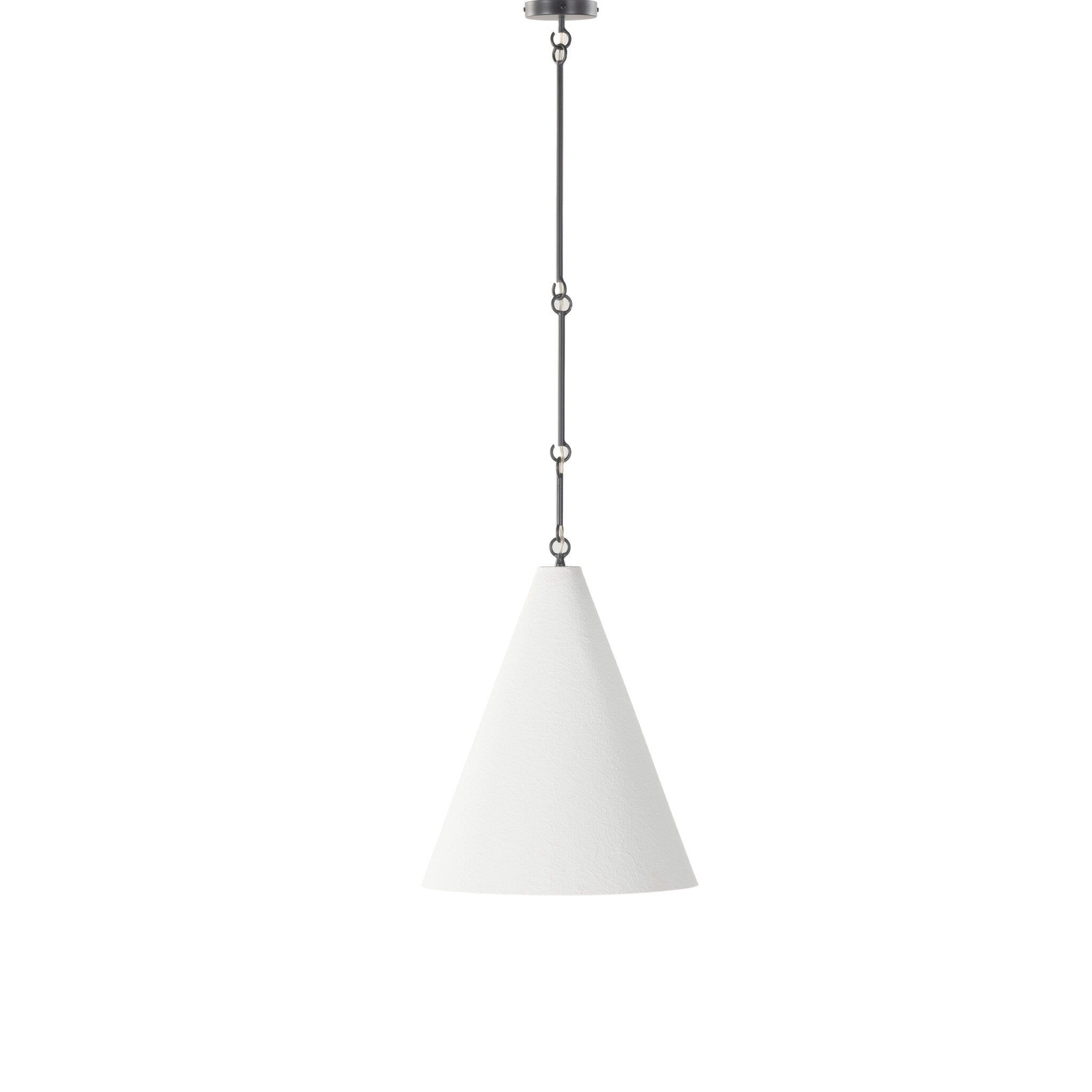 Cone Shaped Modern Grazia matte white plaster pendant light with antiqued iron hardware 