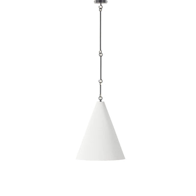 Cone Shaped Modern Grazia matte white plaster pendant light with antiqued iron hardware 