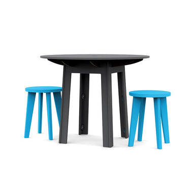 Grey durable all-weather HDPE material on the eco-friendly Round Dining Stool with blue chairs 
