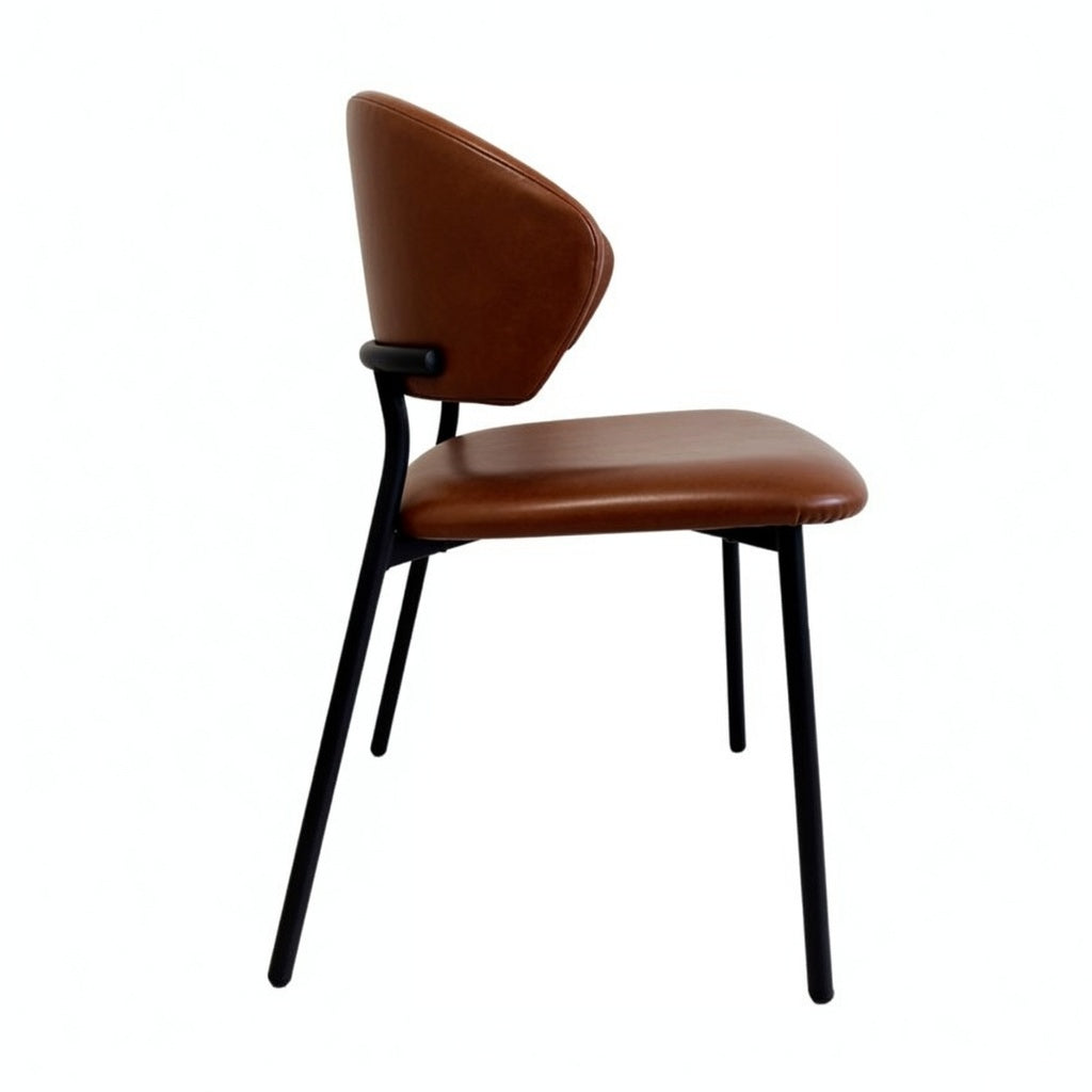 Side chair with brown upholstered seat, rounded backrest, and black metal legs