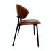 Side chair with brown upholstered seat, rounded backrest, and black metal legs