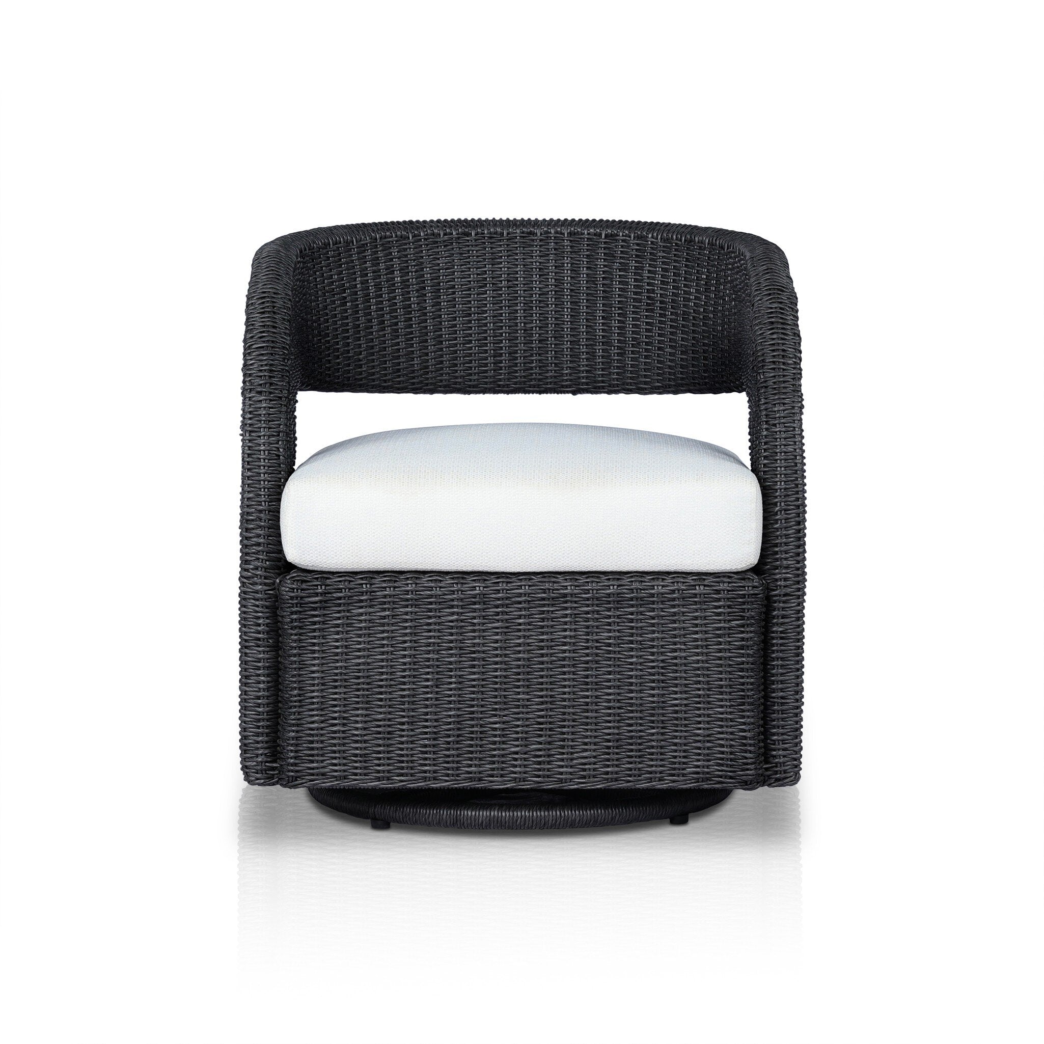 Hawkins Outdoor Swivel Chair in Faye Cream with a woven barrel-back and 360-degree base