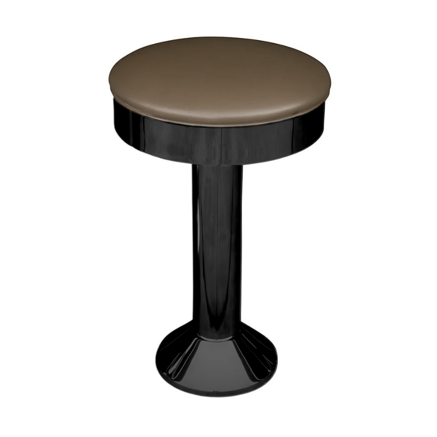 Hawthorne Bolted Floor-Mounted Counter Stool with a smooth round Porcini brown vinyl seat and a black pedestal base
