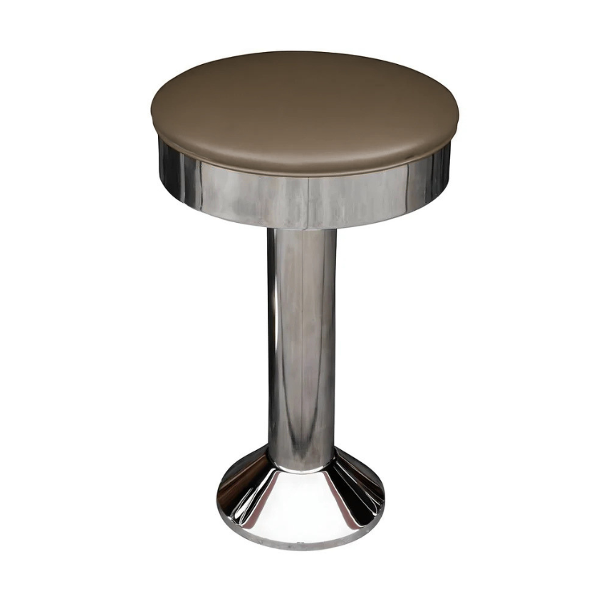 Hawthorne Bolted Floor-Mounted Counter Stool with a smooth round Porcini brown vinyl seat and a polished chrome pedestal base