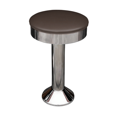 Round stool with dark brown upholstered seat, chrome column, and chrome pedestal base