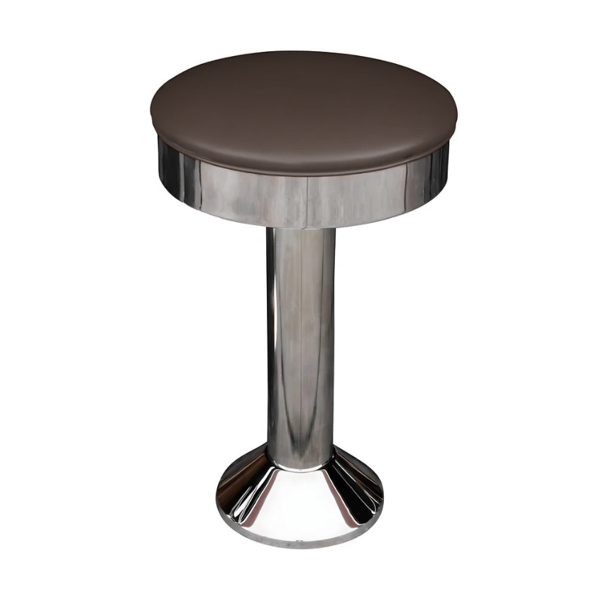 Hawthorne Bolted Floor-Mounted Counter Stool with a smooth round fudge brown vinyl seat and a chrome pedestal base