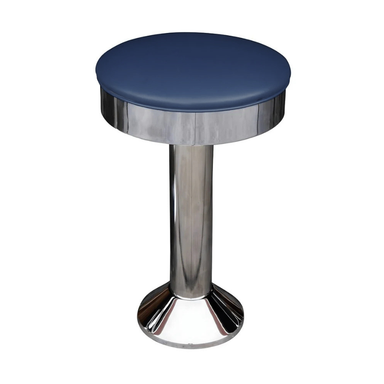 Hawthorne Bolted Floor-Mounted Counter Stool with a smooth round navy blue vinyl seat and a polished chrome pedestal base