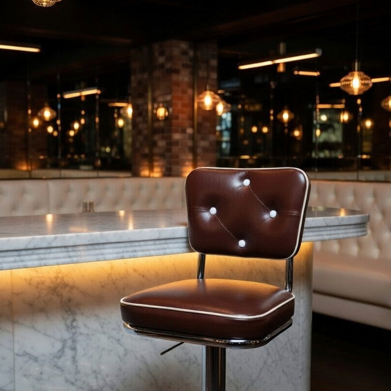 Restaurant Scene Fudge Brown Vanellope bolted chrome  bar stool featuring smooth performance upholstery and a permanent floor-mounted metal base for refined stability